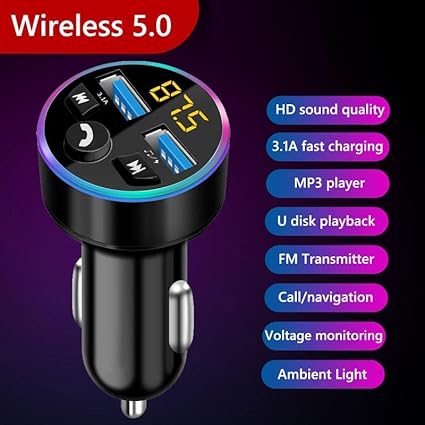 Bluetooth Car Charger, Bluetooth FM Transmitter in-car Wireless Radio Adapter for Music Player, Hands-Free Calling Car Phone Kit