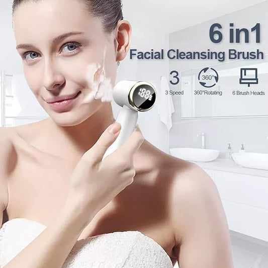 SwanSki Facial Cleansing Brush - Electric Spin Scrubber with 3 Exfoliating Brush Heads - 3 Speed Levels, LCD Display - Waterproof Facial Brush - Rechargeable Facial Cleanser - Face Scrubber (White)