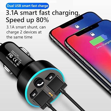 Bluetooth Car Charger, Bluetooth FM Transmitter in-car Wireless Radio Adapter for Music Player, Hands-Free Calling Car Phone Kit