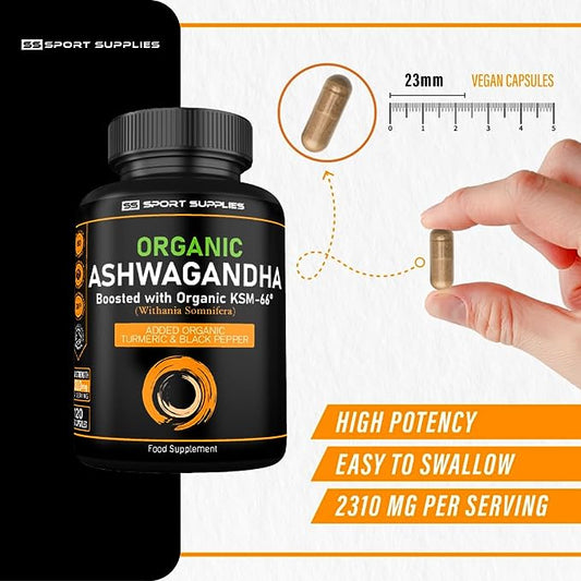 Organic Ashwagandha Capsules 1200mg - Boosted with 1000mg of Organic KSM-66 with 5% Withanolides (from 100mg Extract Ratio 10:1) - Added Organic Turmeric 100mg and Organic Black Pepper