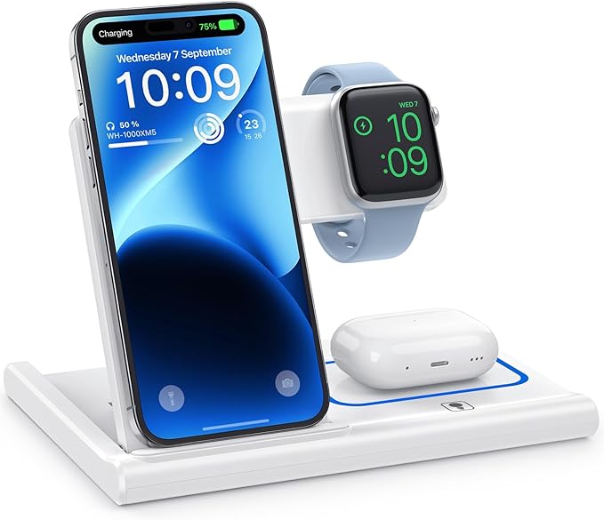 Charging Station,Foldable Wireless Charger Docking Station,EXW for Apple Charging Station for iphone15 14 13 12 11 Pro & Max Series, AirPods Pro/3/2, Apple Watch (Not Adapter)-White