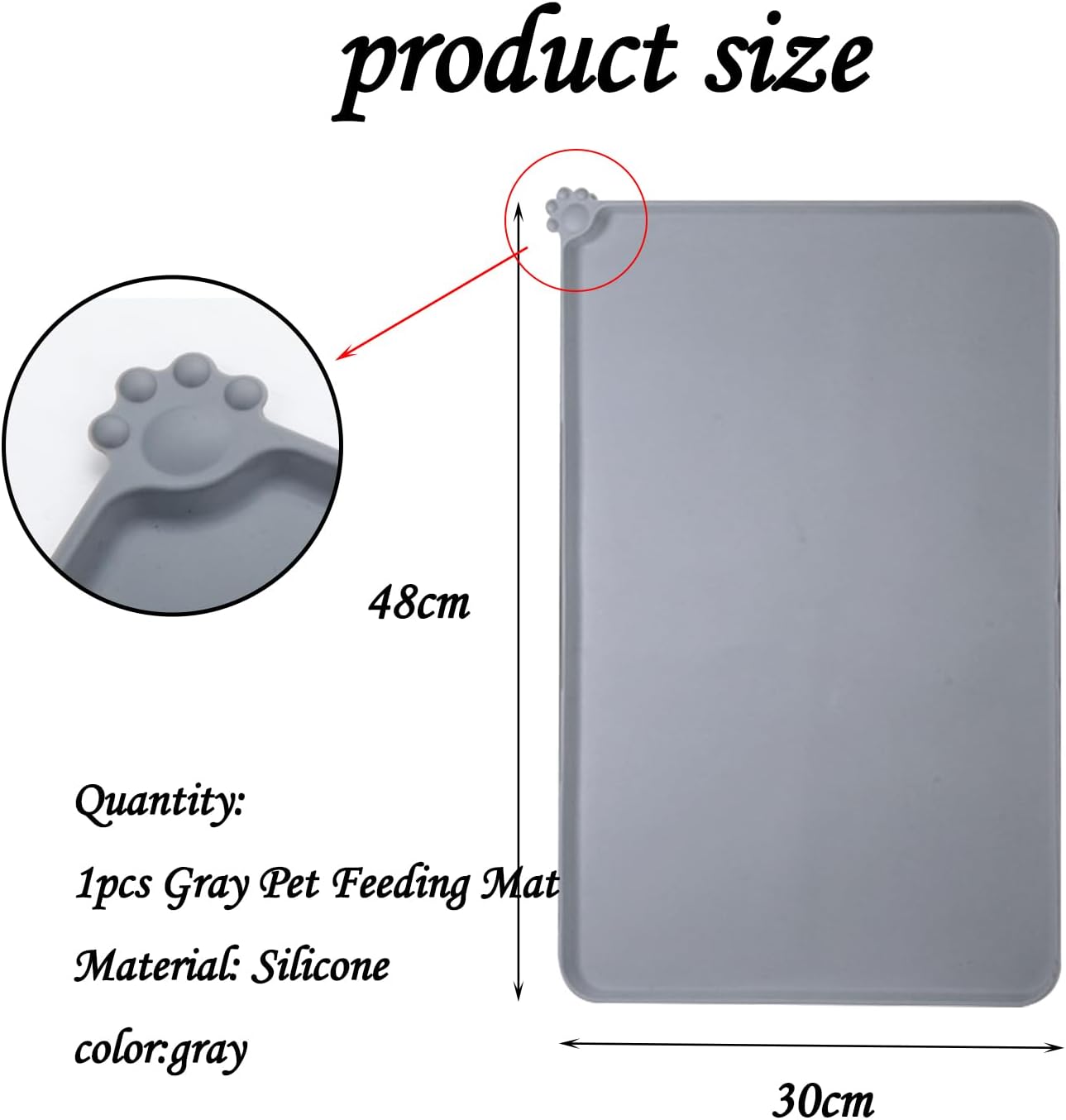 1pcs Gray Pet Feeding Mat (48cm*30cm), Silicone Cat and Dog Feeding Mat, Pet Food Mat, Pet Bowl Placement Tray, Non-slip and Waterproof