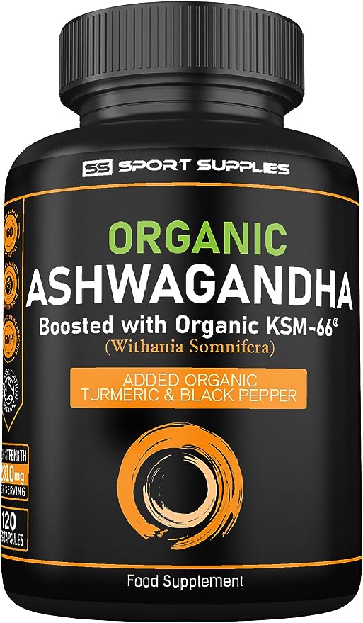 Organic Ashwagandha Capsules 1200mg - Boosted with 1000mg of Organic KSM-66 with 5% Withanolides (from 100mg Extract Ratio 10:1) - Added Organic Turmeric 100mg and Organic Black Pepper