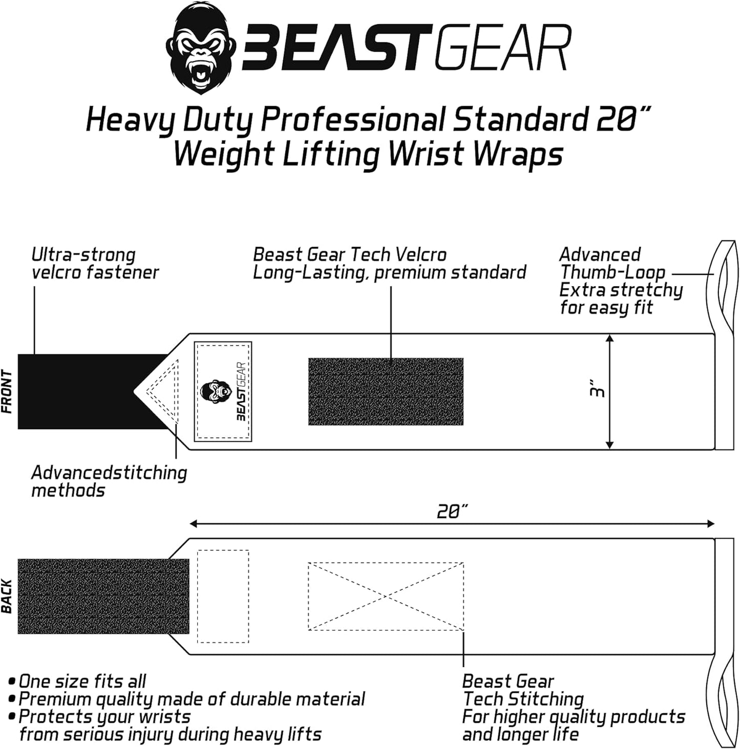 Beast Gear Wrist Wraps – Heavy Duty Professional Standard Weight Lifting Wrist Wraps.