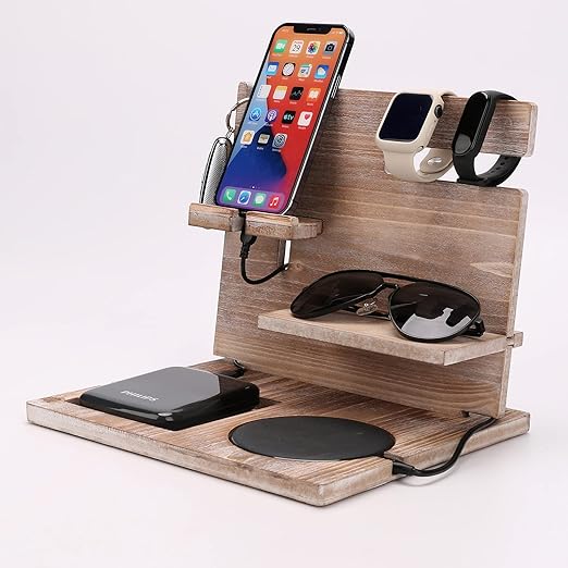 Wooden Docking Station Desktop Mobile Phone Holder, Bedside Table Organiser, Stand Watch Organizer, Phone Docking Station