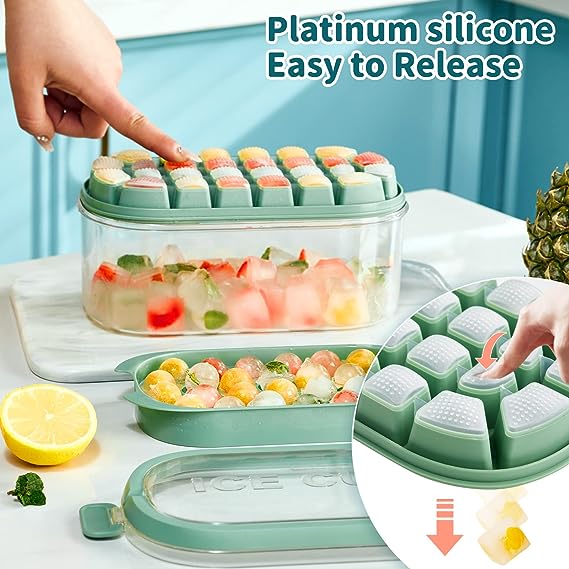 Ice Cube Tray Set With No-Spill Removable Lid and Box for Freezer