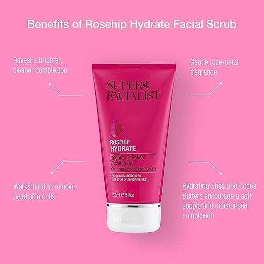 Super Facialist Rosehip Hydrate, Brighten & Refine Face Scrub - Delicate Cleanser & Exfoliator with Shea Butter & Cucumber Oil for Sensitive Skin, Gentle Face Care, Vegan Friendly, 150ml