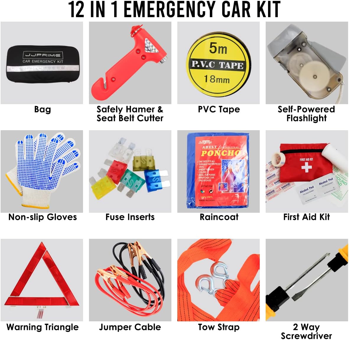 Set of 12 Ultimate Car Safety Driving Travel Kit Emergency Breakdown Road Safety Kit