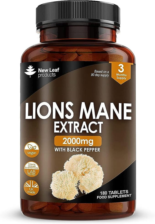 Lions Mane Mushroom 2000mg - 180 High Strength Vegan Tablets - Lion's Mane Supplement with Black Pepper