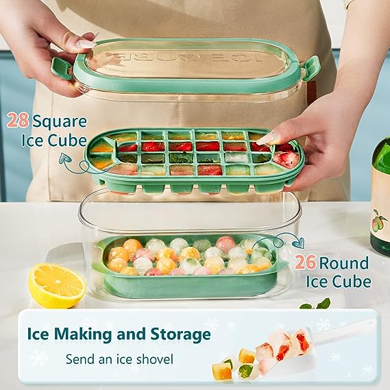 Ice Cube Tray Set With No-Spill Removable Lid and Box for Freezer