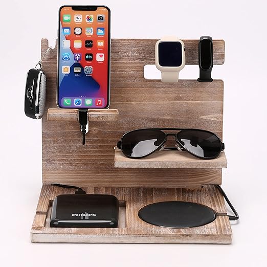 Wooden Docking Station Desktop Mobile Phone Holder, Bedside Table Organiser, Stand Watch Organizer, Phone Docking Station