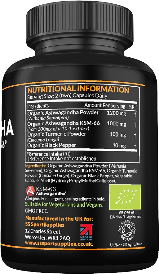 Organic Ashwagandha Capsules 1200mg - Boosted with 1000mg of Organic KSM-66 with 5% Withanolides (from 100mg Extract Ratio 10:1) - Added Organic Turmeric 100mg and Organic Black Pepper