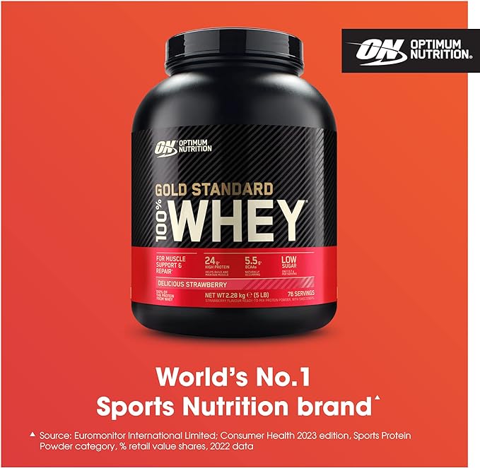 Optimum Nutrition Gold Standard 100% Whey Muscle Building and Recovery Protein Powder With Naturally Occurring Glutamine and BCAA Amino Acids, Delicious Strawberry Flavour, 76 Servings, 2.28 kg