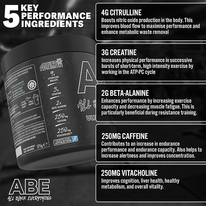 Applied Nutrition ABE Pre Workout - All Black Everything Pre Workout Powder, Energy & Physical Performance with Citrulline, Creatine, Beta Alanine (375g - 30 Servings)