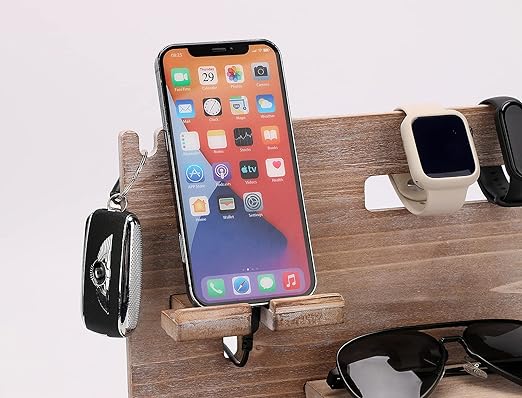 Wooden Docking Station Desktop Mobile Phone Holder, Bedside Table Organiser, Stand Watch Organizer, Phone Docking Station