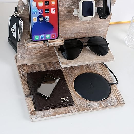 Wooden Docking Station Desktop Mobile Phone Holder, Bedside Table Organiser, Stand Watch Organizer, Phone Docking Station