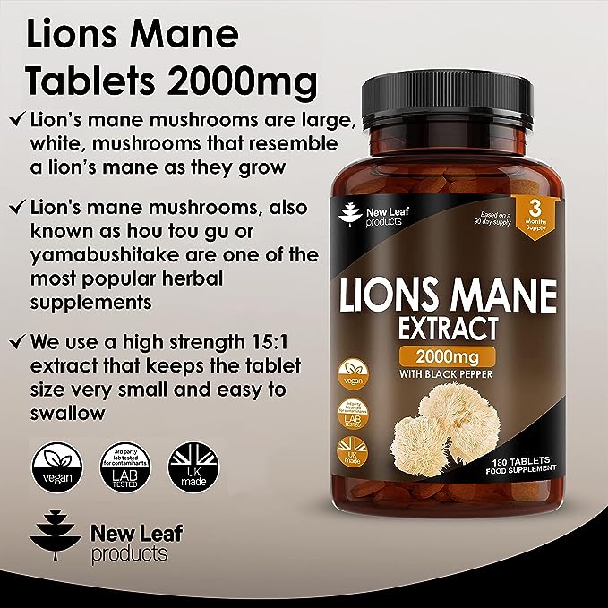 Lions Mane Mushroom 2000mg - 180 High Strength Vegan Tablets - Lion's Mane Supplement with Black Pepper