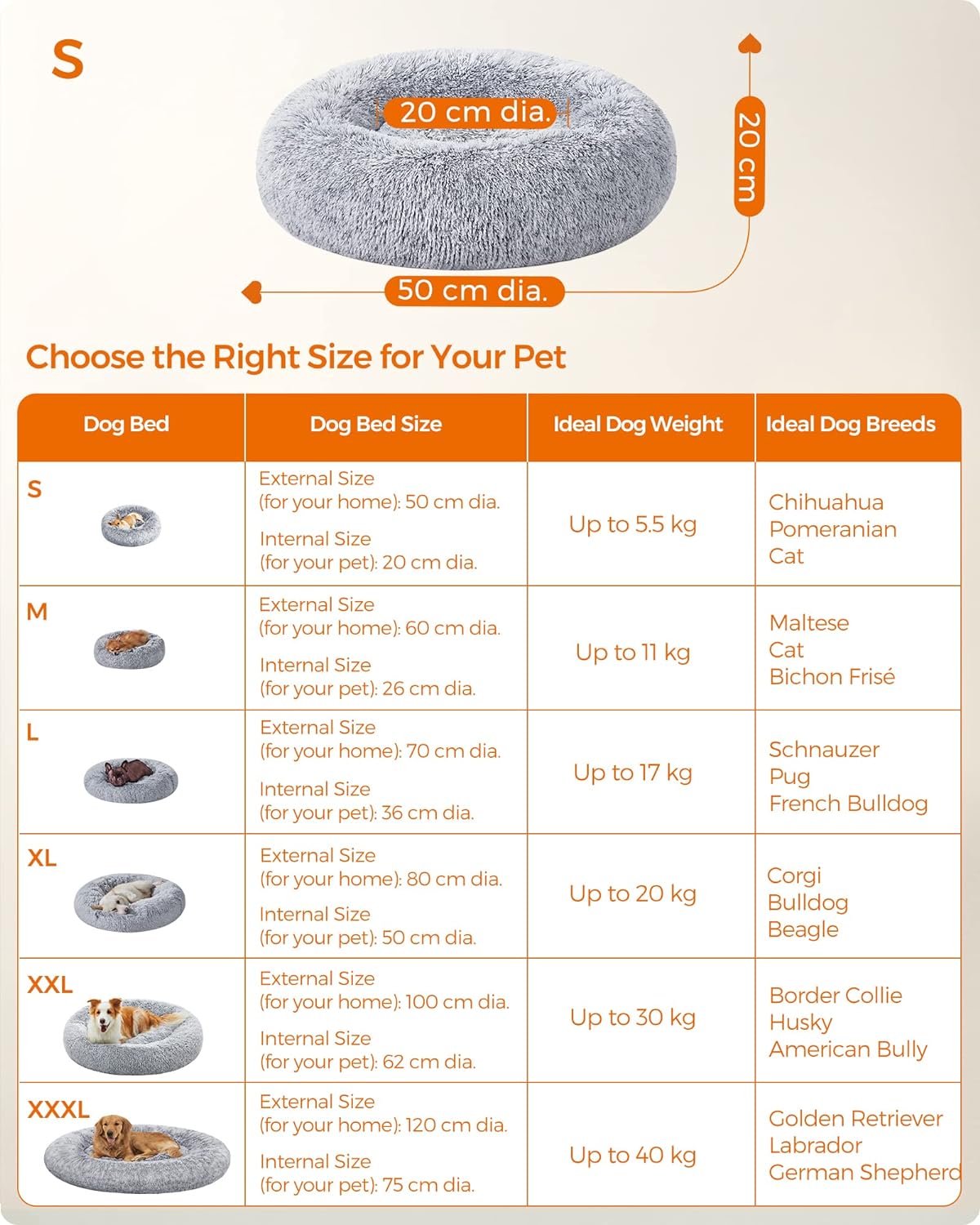 Dog Bed, Donut Cat Bed, Fluffy Calming Pet Bed with Removable, Washable Cover, Soft Long Plush, 50 cm, Grey