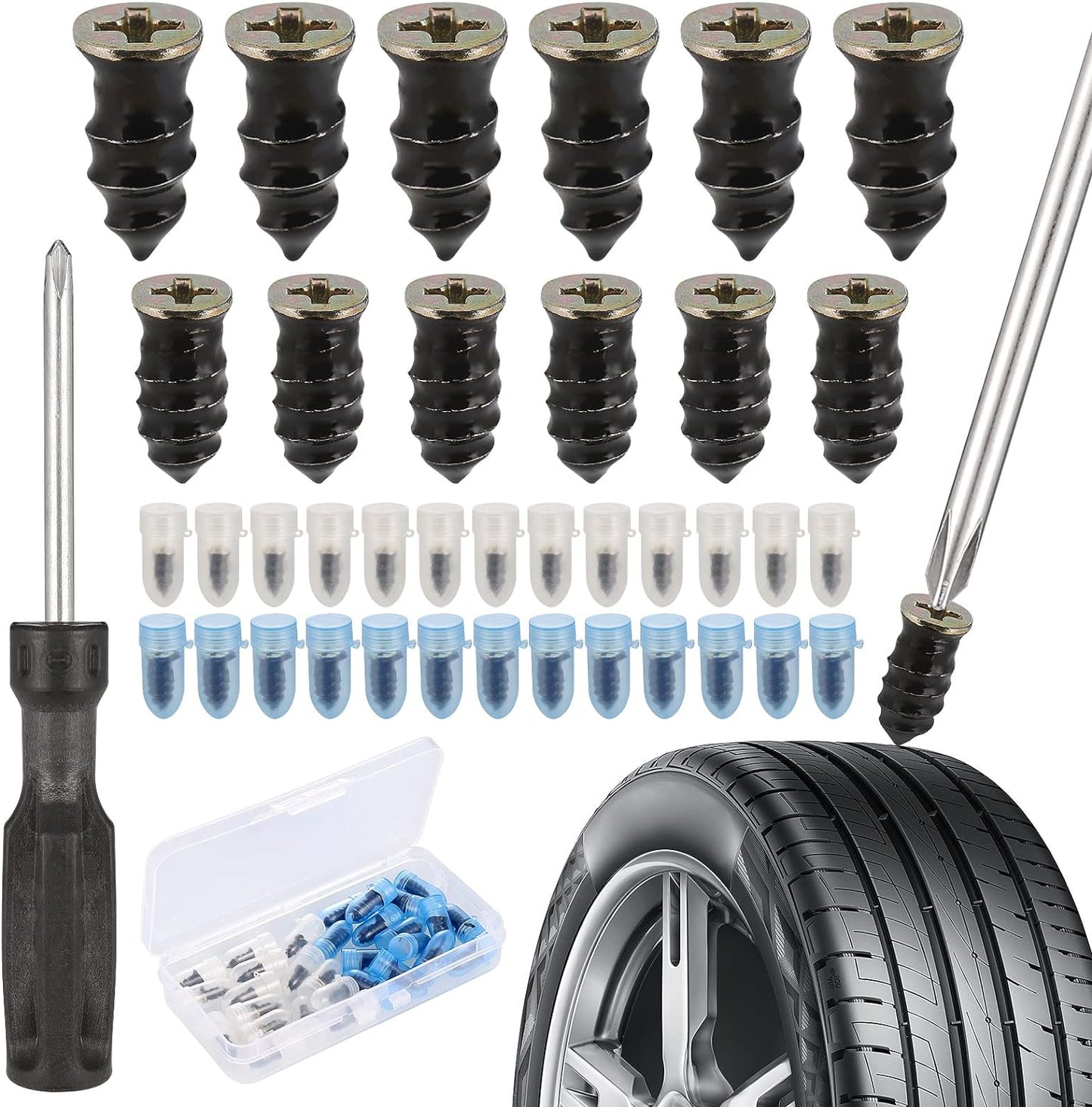 30Pcs Tyre Repair Kit Rubber Nails with Screwdriver, Self-Service Car Puncture Repair Kit