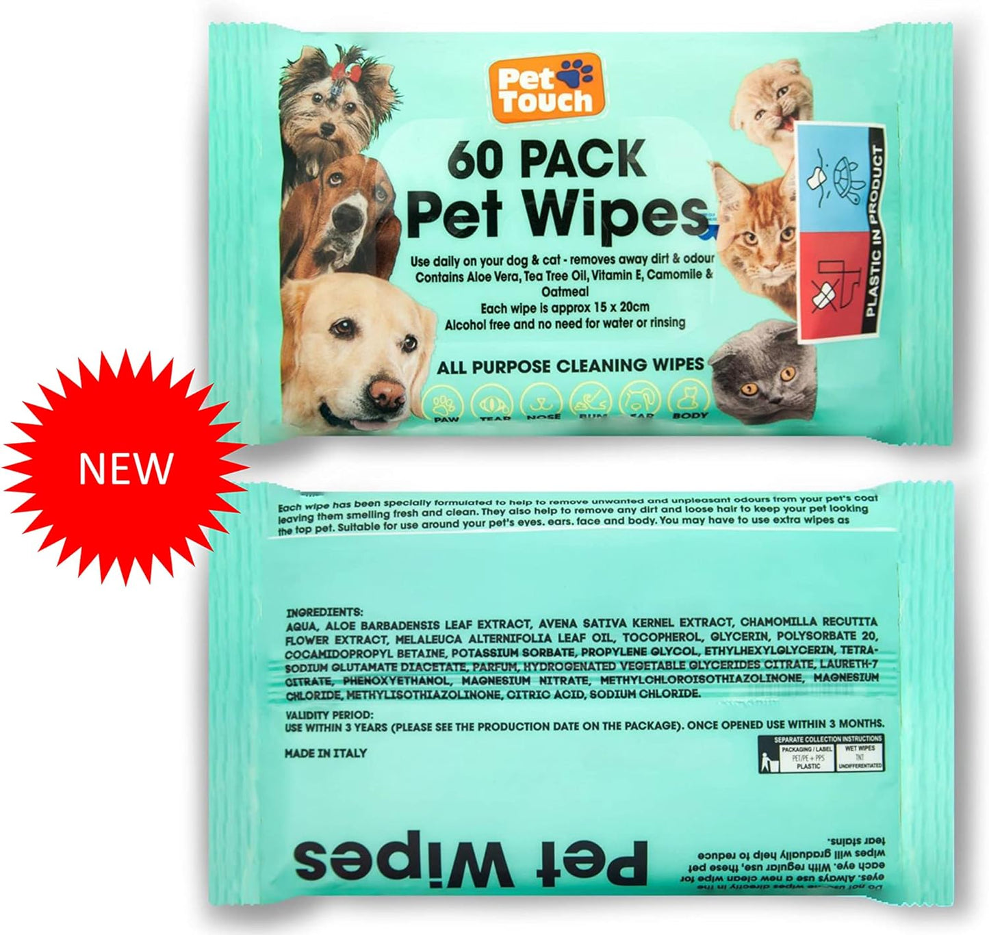 Pet Touch X 60 Pack All Purpose PET WIPES for daily Cleaning of your Dogs and Cats Deodorizing ALCOHOL FREE and WET Moist Dog Paw Cleaner & Dog Ear Cleaner Wipes Pack (180 Wipes)