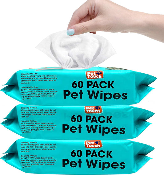 Pet Touch X 60 Pack All Purpose PET WIPES for daily Cleaning of your Dogs and Cats Deodorizing ALCOHOL FREE and WET Moist Dog Paw Cleaner & Dog Ear Cleaner Wipes Pack (180 Wipes)