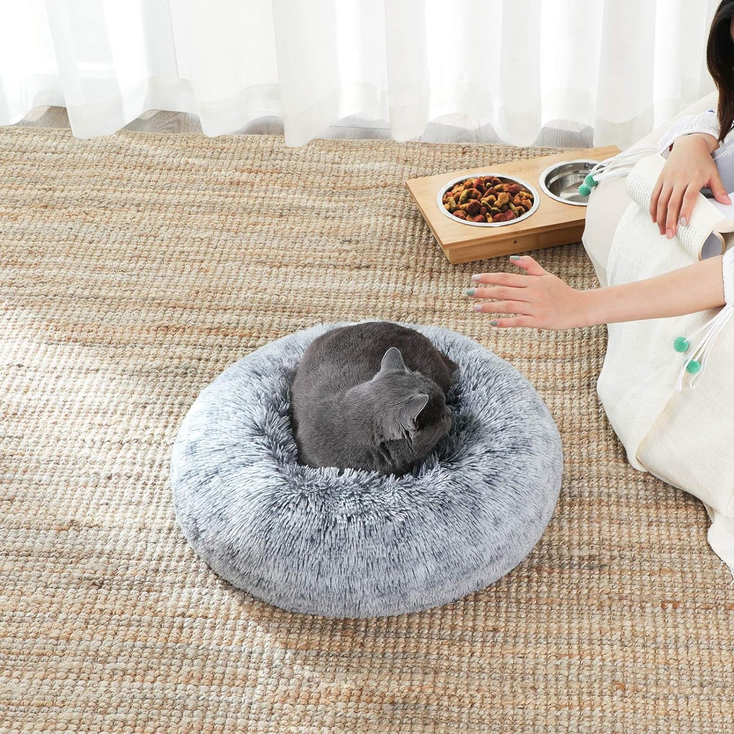 Dog Bed, Donut Cat Bed, Fluffy Calming Pet Bed with Removable, Washable Cover, Soft Long Plush, 50 cm, Grey