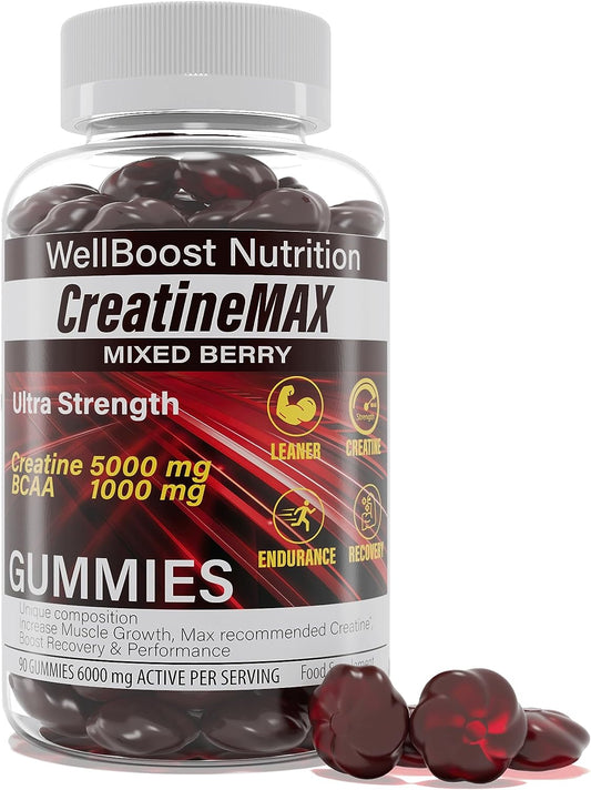 Creatine MAX 90 Chewable Vegan Gummies - 5000mg Creatine Monohydrate, 1000mg BCAAs per Serving - Sugar Free Mixed Berry Flavour (1 Month Supply)