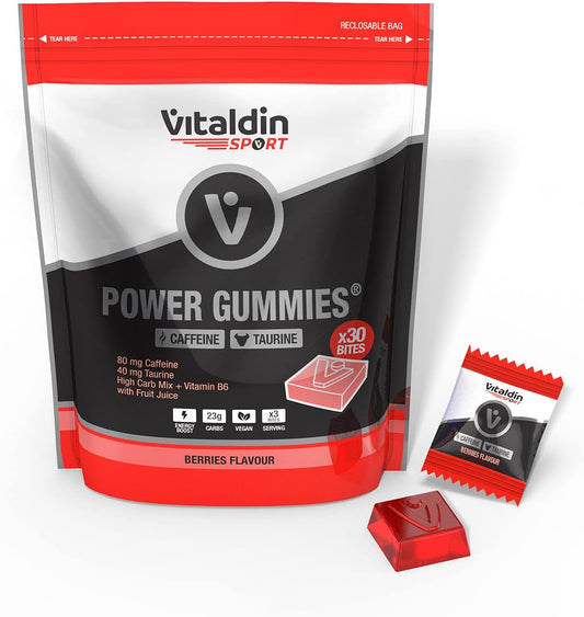 VITALDIN Sport Power Gummies Caffeine & Taurine – Quick & Sustained Energy – 80 mg Caffeine, 40 mg Taurine per Serving + Vitamin B6 – 30 Chewable Gummy Bites – Berries Flavour – Vegan