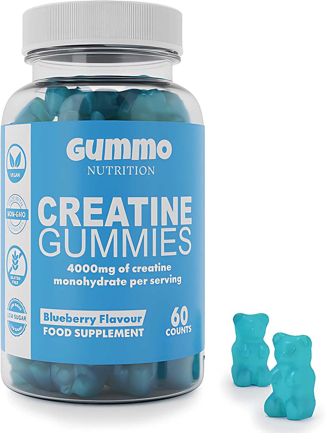 Creatine Monohydrate Gummies 4000mg for Men & Women - 60 Chewable Creatine Gummies (1 Months Supply) - Natural Blueberry Flavoured Creatine, Pre Workout Gym Supplement, Suitable for Vegans